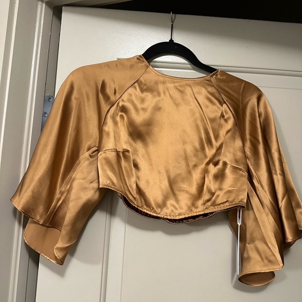 reformation silk brown open back cropped blouse